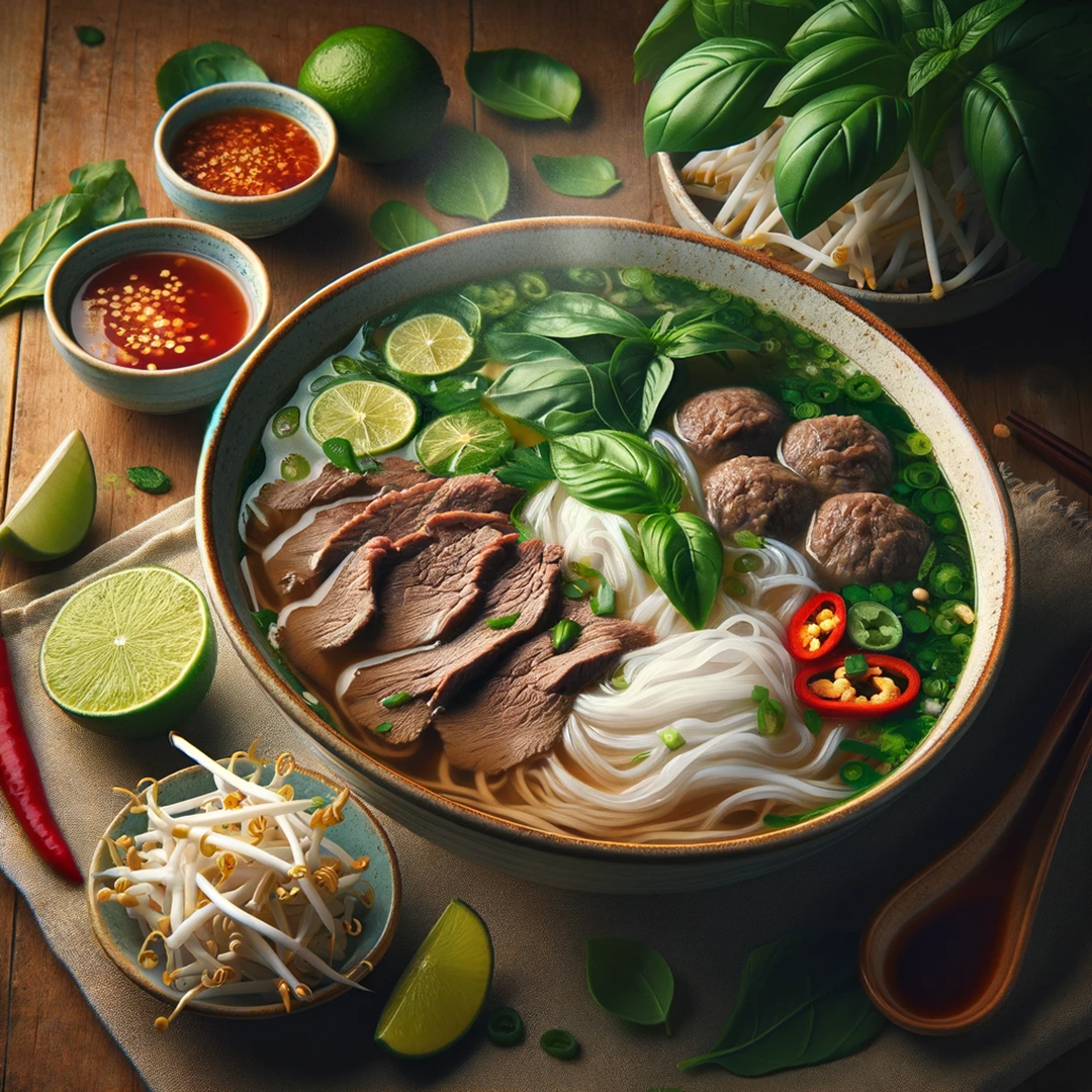 DALL·E 2023-12-11 11.00.08 - A bowl of Vietnamese pho with beef slices, meatballs, rice noodles, and fresh herbs. Accompanied by a side plate of bean sprouts, lime wedges, basil l0